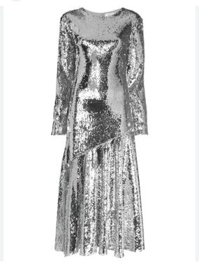 NWT Racil Sequin Long-Sleeve Ankle Length Jewel Neck Evening Gown - Silver